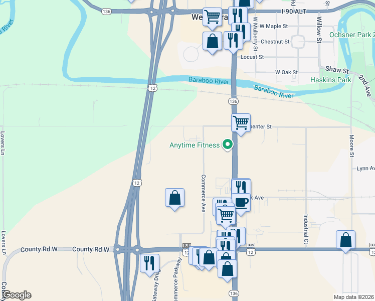 map of restaurants, bars, coffee shops, grocery stores, and more near 520 Commerce Avenue in Baraboo