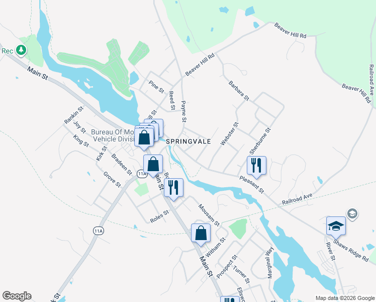 map of restaurants, bars, coffee shops, grocery stores, and more near 13 Pleasant Street in Sanford