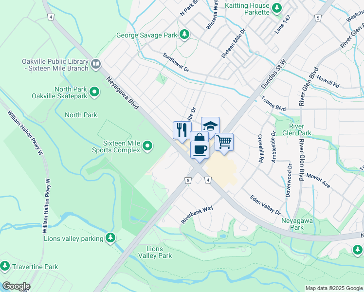 map of restaurants, bars, coffee shops, grocery stores, and more near in Oakville