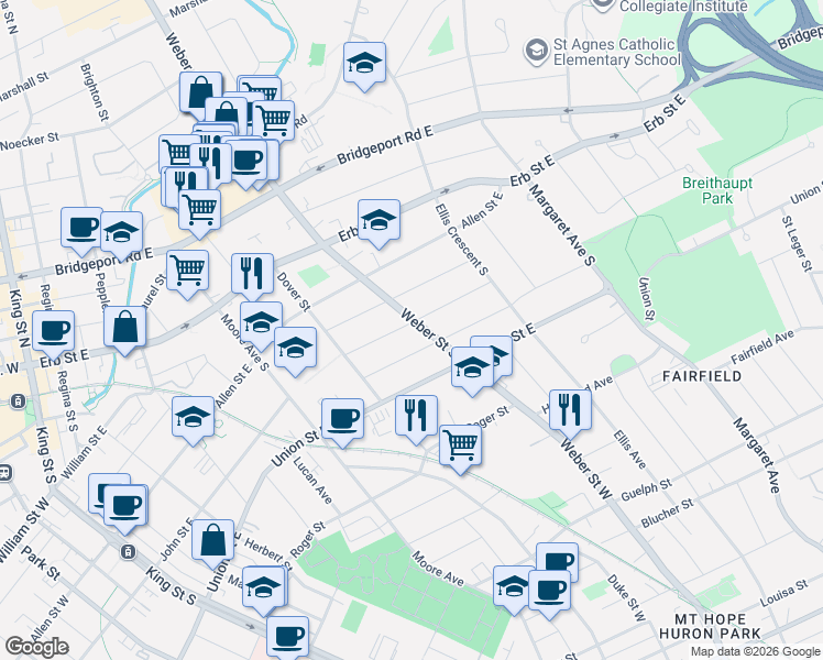 map of restaurants, bars, coffee shops, grocery stores, and more near 107 Weber Street South in Waterloo