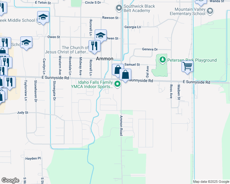 map of restaurants, bars, coffee shops, grocery stores, and more near 3410 Ammon Road in Ammon