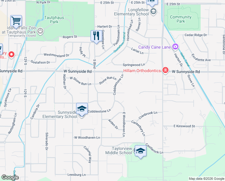 map of restaurants, bars, coffee shops, grocery stores, and more near 228 Stone Run Lane in Idaho Falls