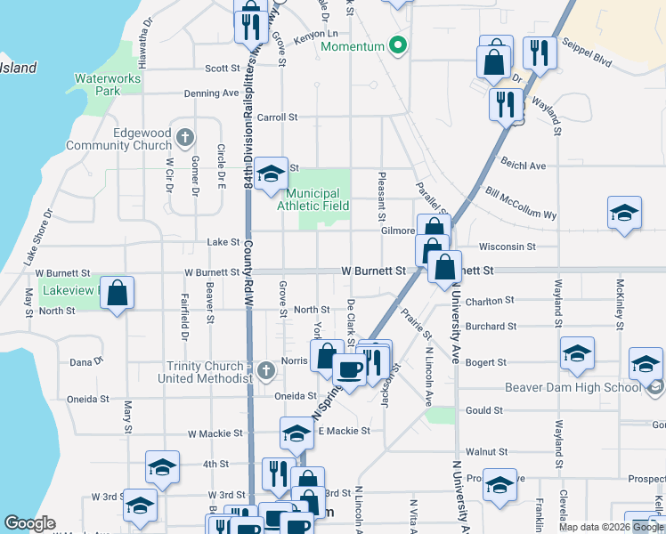 map of restaurants, bars, coffee shops, grocery stores, and more near 513 York Street in Beaver Dam