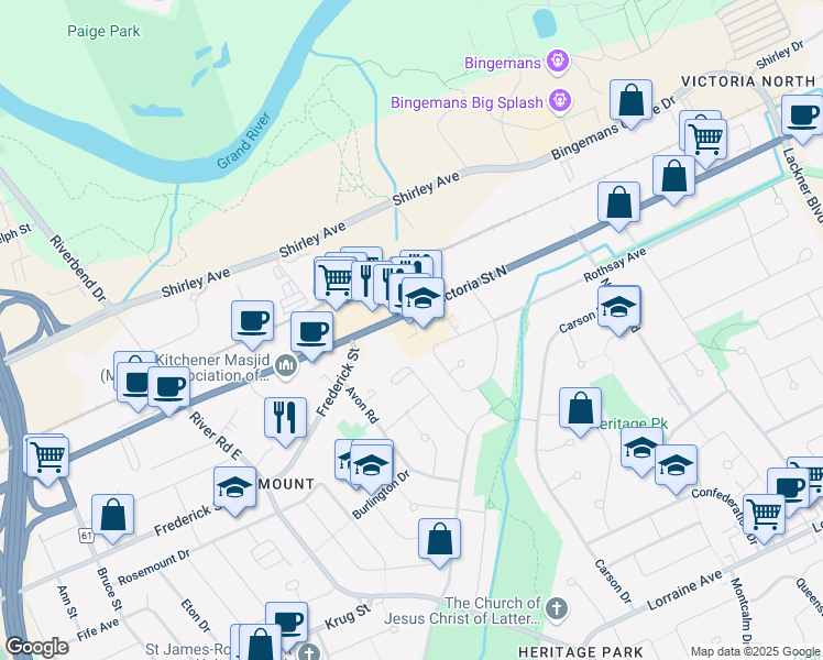 map of restaurants, bars, coffee shops, grocery stores, and more near 1151 Victoria Street North in Kitchener