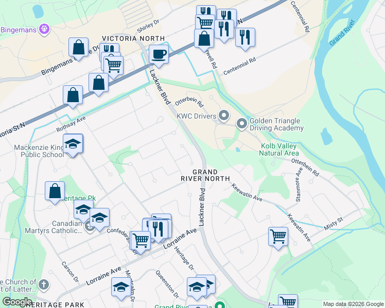 map of restaurants, bars, coffee shops, grocery stores, and more near 59 Oswego Court in Kitchener