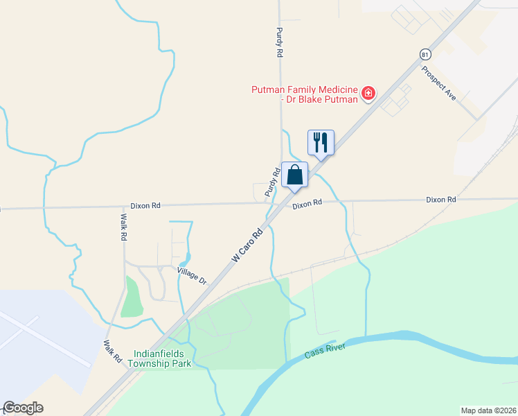 map of restaurants, bars, coffee shops, grocery stores, and more near 2101 Dixon Road in Caro