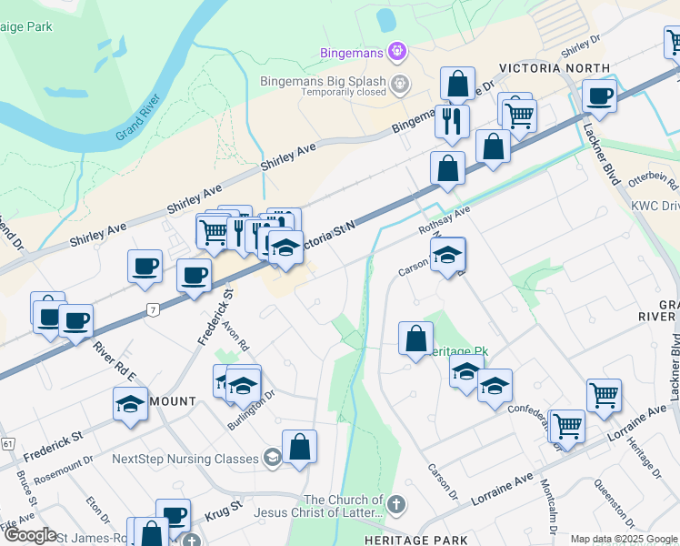 map of restaurants, bars, coffee shops, grocery stores, and more near 2 Forfar Avenue in Kitchener