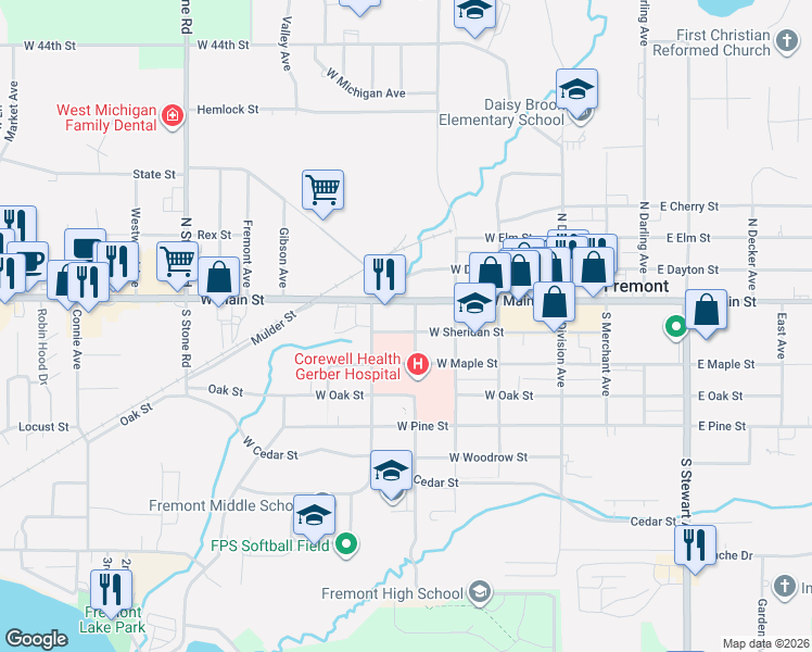 map of restaurants, bars, coffee shops, grocery stores, and more near 320 West Main Street in Fremont
