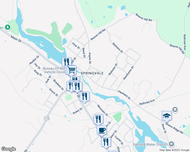map of restaurants, bars, coffee shops, grocery stores, and more near 1 George Street in Sanford