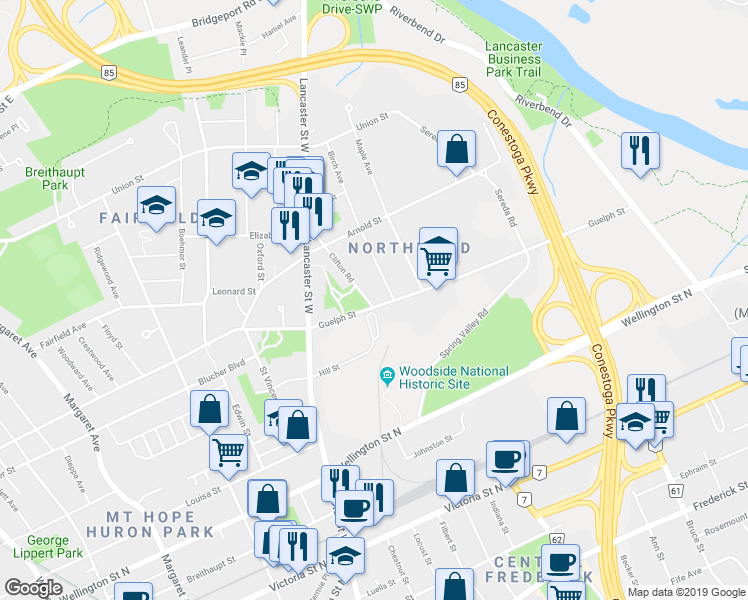 map of restaurants, bars, coffee shops, grocery stores, and more near 270 Clifton Road in Kitchener