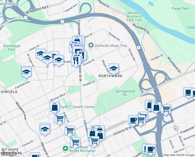 map of restaurants, bars, coffee shops, grocery stores, and more near 270 Clifton Road in Kitchener