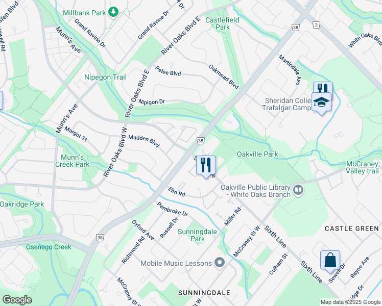 map of restaurants, bars, coffee shops, grocery stores, and more near Upper Middle Rd W & Sixth Line in Oakville