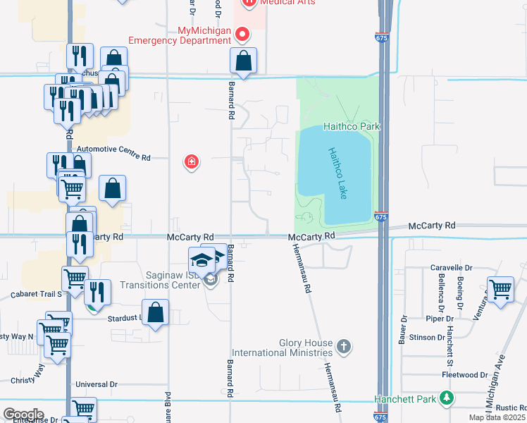 map of restaurants, bars, coffee shops, grocery stores, and more near 4110 Green Isle Way in Saginaw