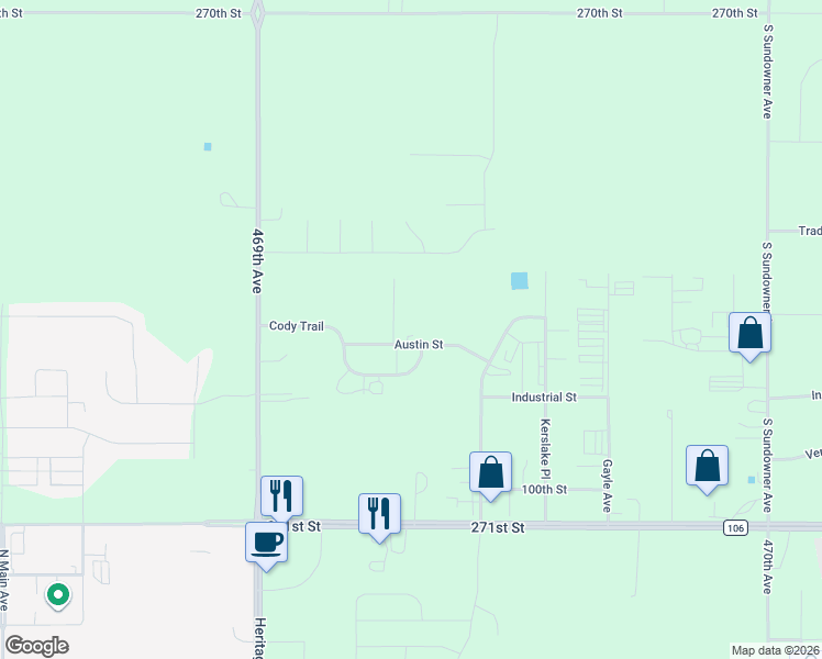 map of restaurants, bars, coffee shops, grocery stores, and more near 46926 Austin Street in Tea