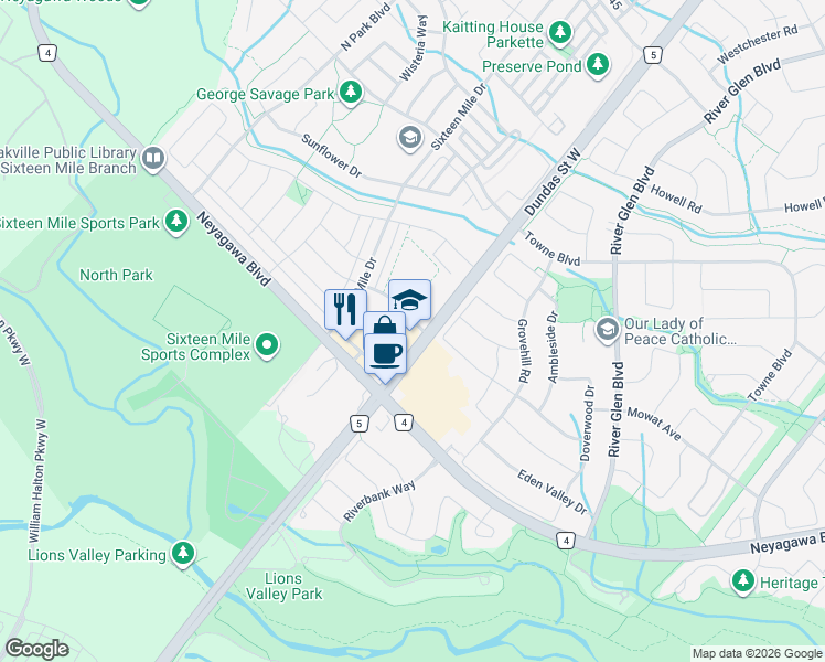 map of restaurants, bars, coffee shops, grocery stores, and more near 479 Dundas Street West in Oakville