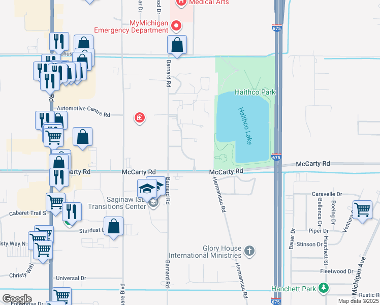 map of restaurants, bars, coffee shops, grocery stores, and more near 4070 Green Isle Way in Saginaw