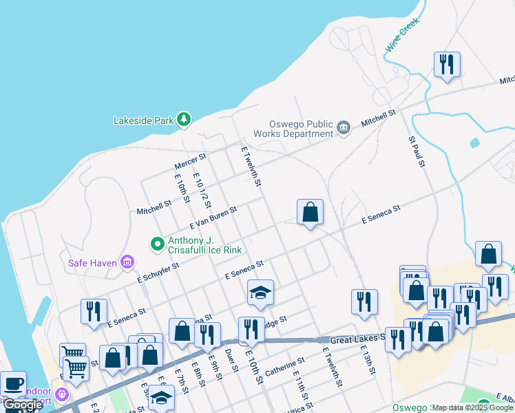 map of restaurants, bars, coffee shops, grocery stores, and more near 47 East Twelvth Street in Oswego