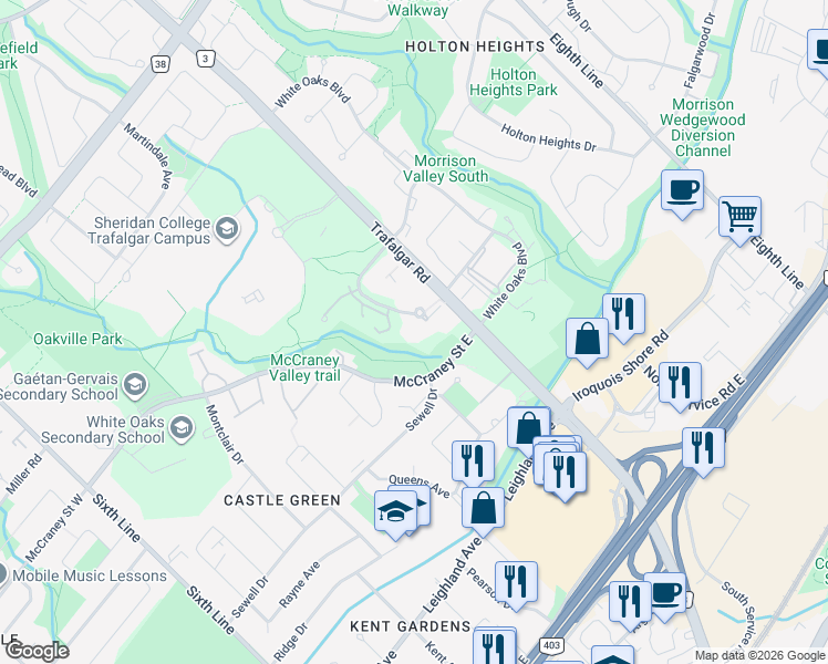 map of restaurants, bars, coffee shops, grocery stores, and more near 1240 Marlborough Court in Oakville