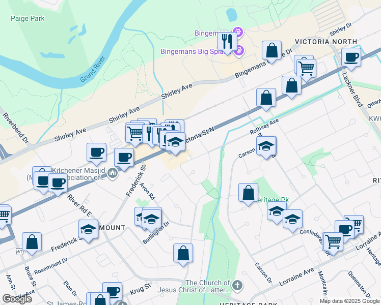map of restaurants, bars, coffee shops, grocery stores, and more near 1175 Victoria Street North in Kitchener