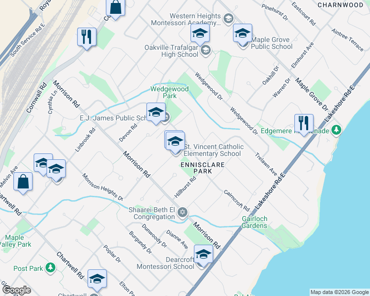 map of restaurants, bars, coffee shops, grocery stores, and more near 1300 Braeside Drive in Oakville