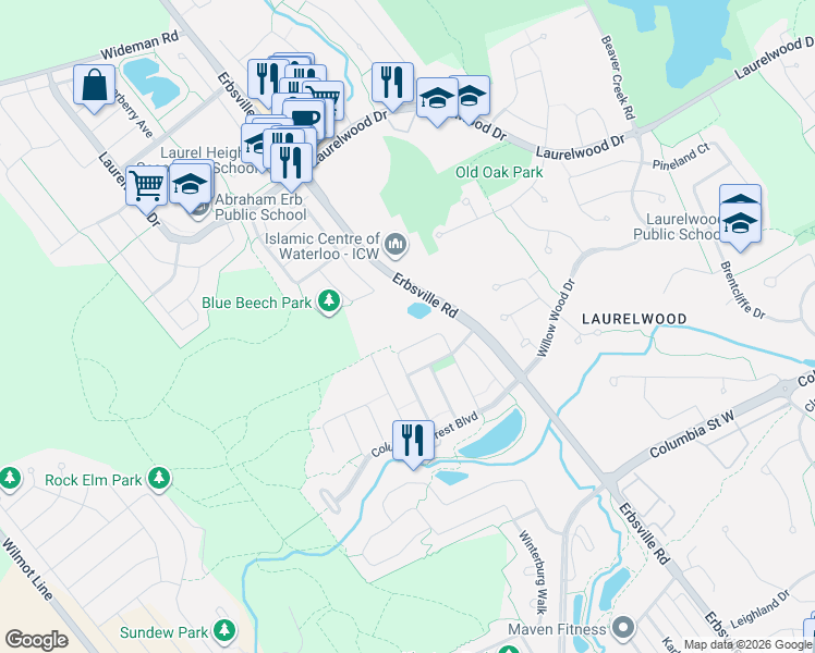 map of restaurants, bars, coffee shops, grocery stores, and more near 515 Erbsville Road in Waterloo
