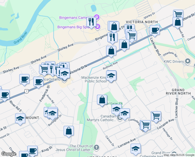 map of restaurants, bars, coffee shops, grocery stores, and more near 142 Carson Drive in Kitchener