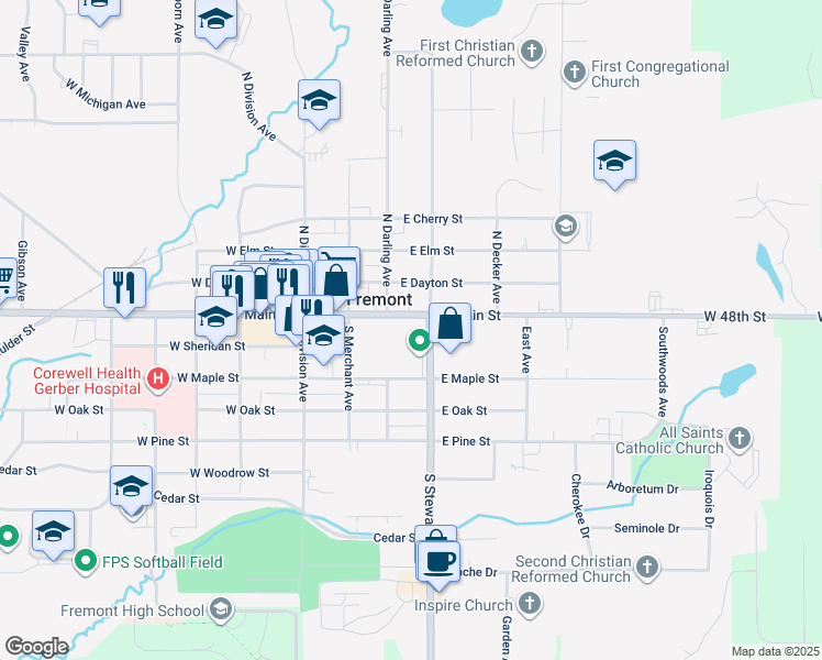 map of restaurants, bars, coffee shops, grocery stores, and more near 204 East Main Street in Fremont