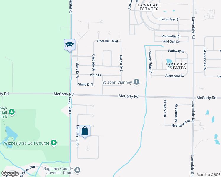 map of restaurants, bars, coffee shops, grocery stores, and more near 6665 Scenic Drive South in Saginaw