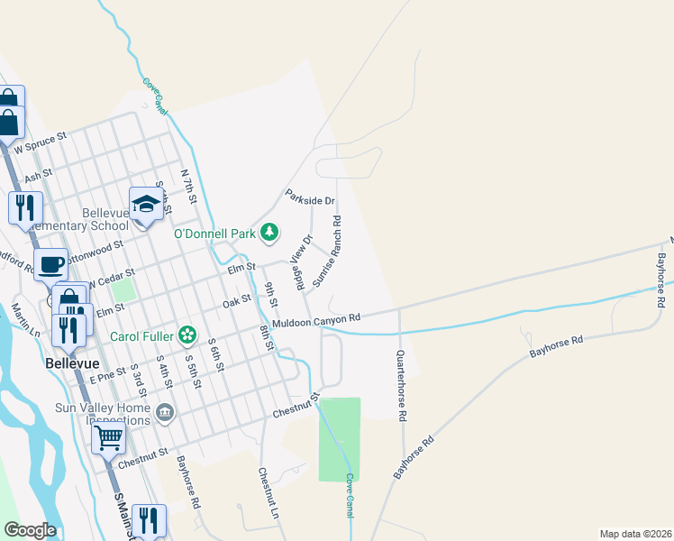 map of restaurants, bars, coffee shops, grocery stores, and more near Sunrise Ranch in Bellevue
