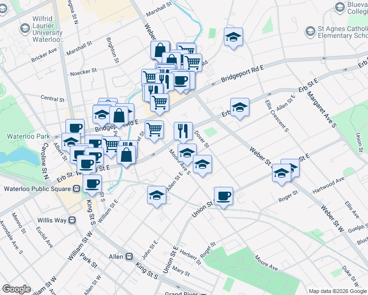 map of restaurants, bars, coffee shops, grocery stores, and more near 15 Devitt Avenue South in Waterloo