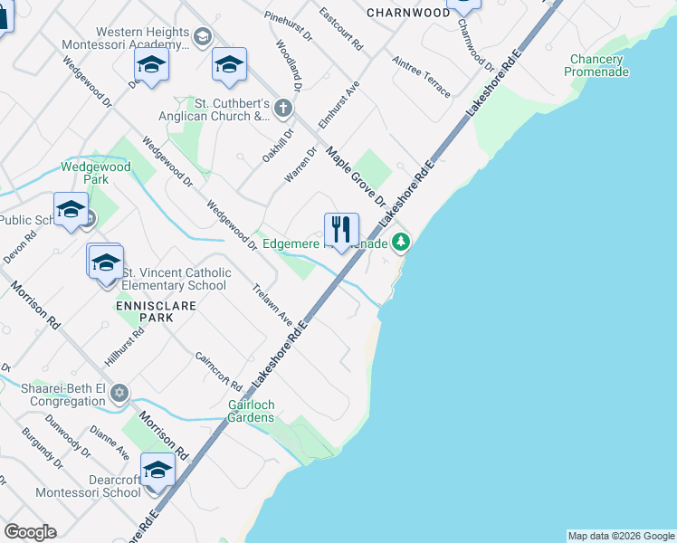 map of restaurants, bars, coffee shops, grocery stores, and more near 1475 Lakeshore Road East in Oakville