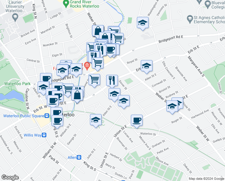 map of restaurants, bars, coffee shops, grocery stores, and more near 11 Devitt Avenue South in Waterloo