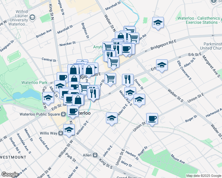 map of restaurants, bars, coffee shops, grocery stores, and more near 11 Moore Avenue North in Waterloo