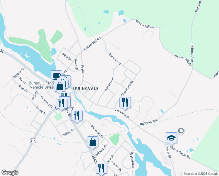 map of restaurants, bars, coffee shops, grocery stores, and more near 15 Webster Street in Sanford