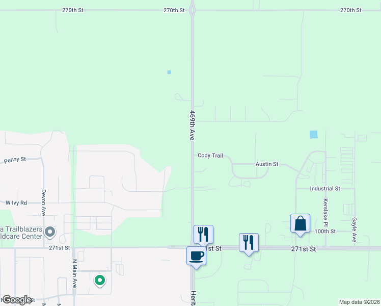 map of restaurants, bars, coffee shops, grocery stores, and more near 27061 469th Avenue in Tea