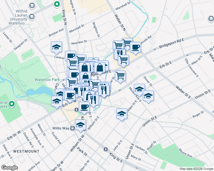 map of restaurants, bars, coffee shops, grocery stores, and more near 28 Laurel Street in Waterloo