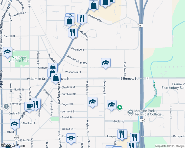 map of restaurants, bars, coffee shops, grocery stores, and more near 306 County Road E in Beaver Dam
