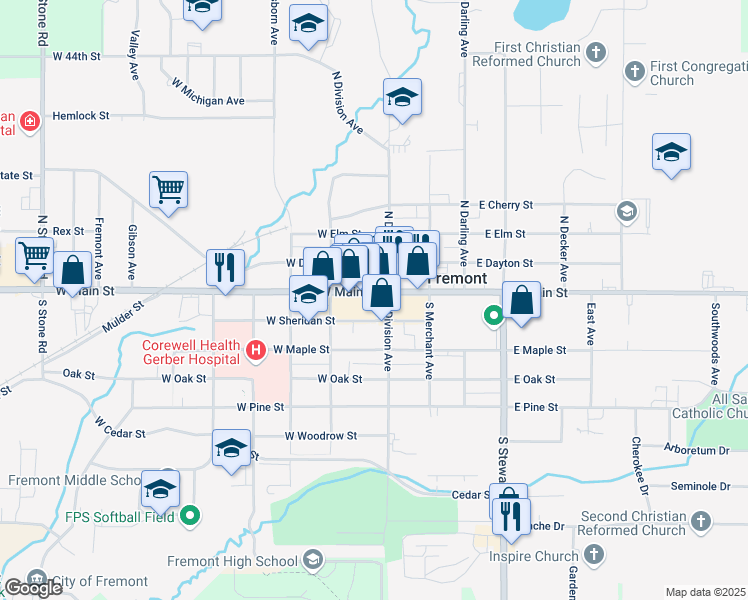 map of restaurants, bars, coffee shops, grocery stores, and more near 12 West Main Street in Fremont