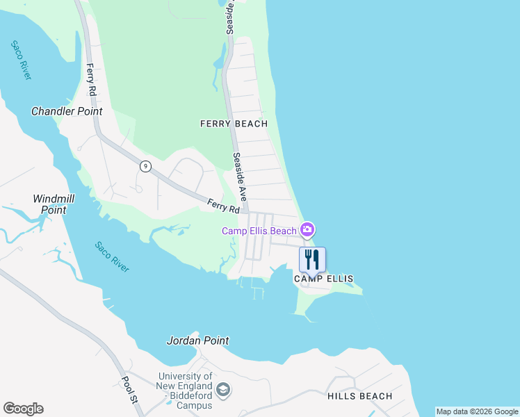 map of restaurants, bars, coffee shops, grocery stores, and more near 9 Sunset Avenue in Saco