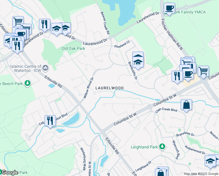 map of restaurants, bars, coffee shops, grocery stores, and more near in Waterloo