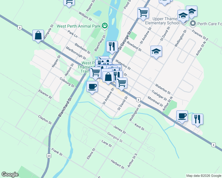 map of restaurants, bars, coffee shops, grocery stores, and more near 114 Saint Andrew Street in Mitchell
