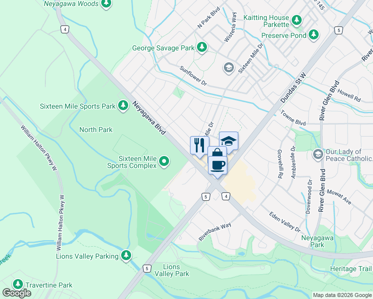 map of restaurants, bars, coffee shops, grocery stores, and more near 3077 Neyagawa Boulevard in Oakville