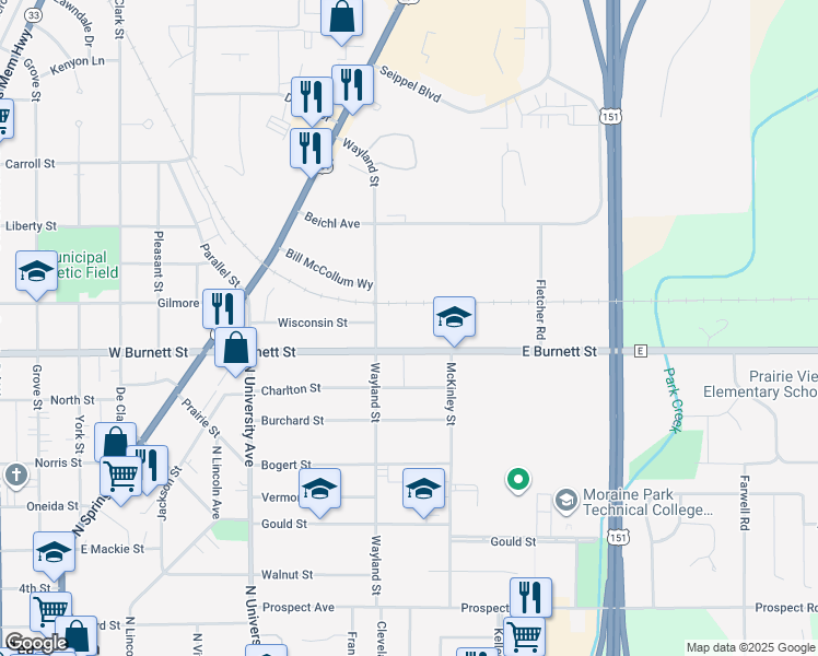 map of restaurants, bars, coffee shops, grocery stores, and more near 306 County Road E in Beaver Dam