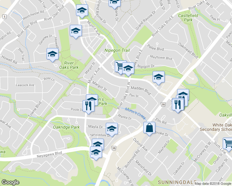 map of restaurants, bars, coffee shops, grocery stores, and more near 2145 Margot Street in Oakville