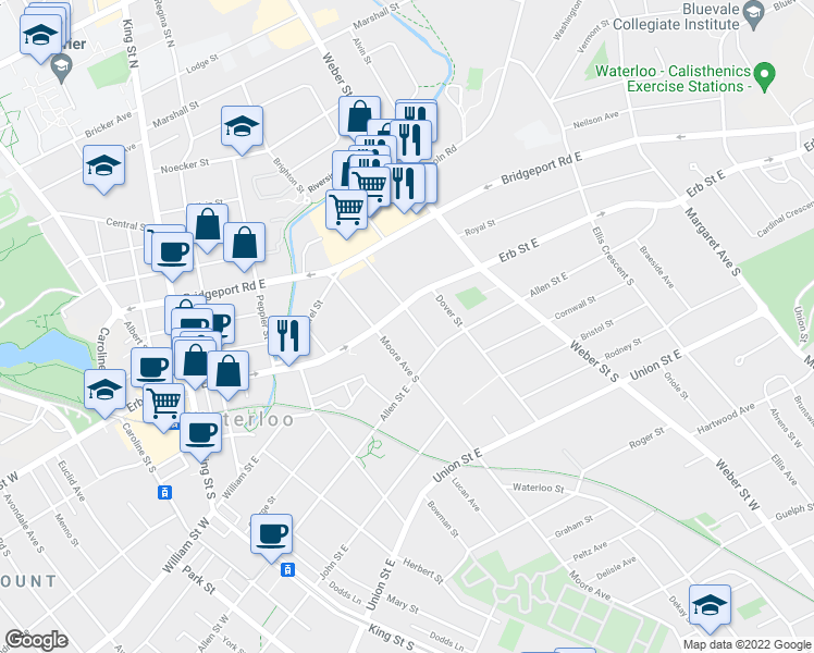 map of restaurants, bars, coffee shops, grocery stores, and more near 11 Devitt Avenue South in Waterloo