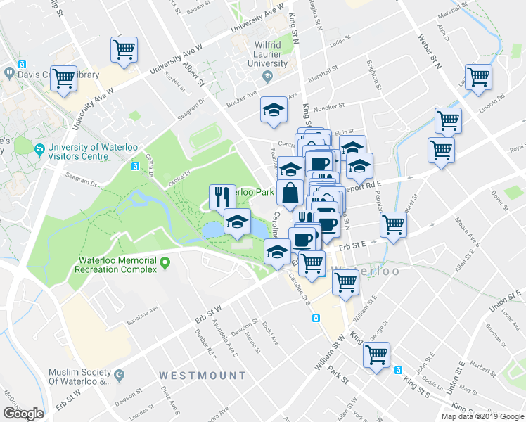 map of restaurants, bars, coffee shops, grocery stores, and more near 49 Caroline Street North in Waterloo