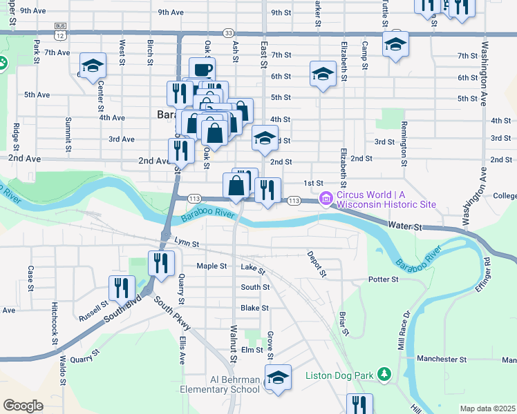 map of restaurants, bars, coffee shops, grocery stores, and more near 232 Water Street in Baraboo