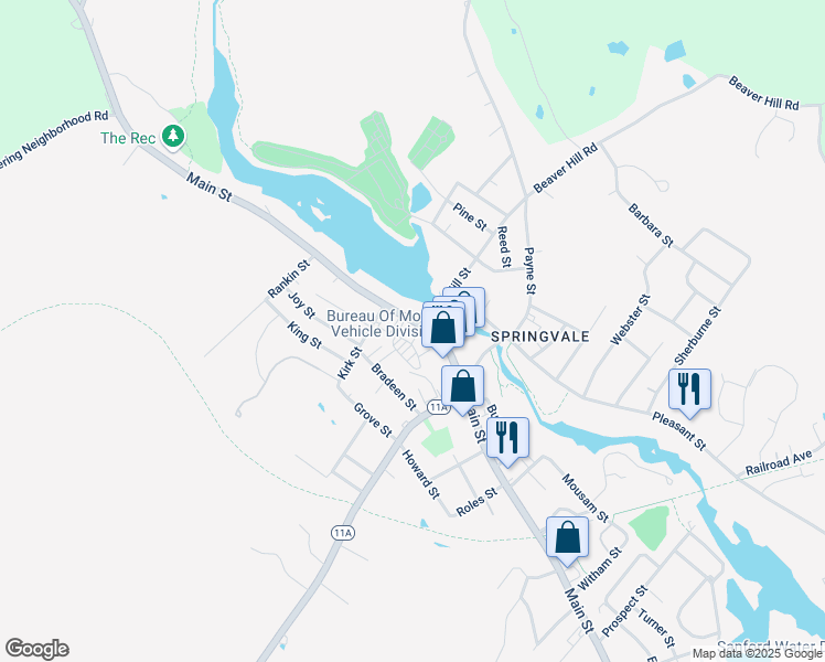 map of restaurants, bars, coffee shops, grocery stores, and more near 443 Main Street in Sanford