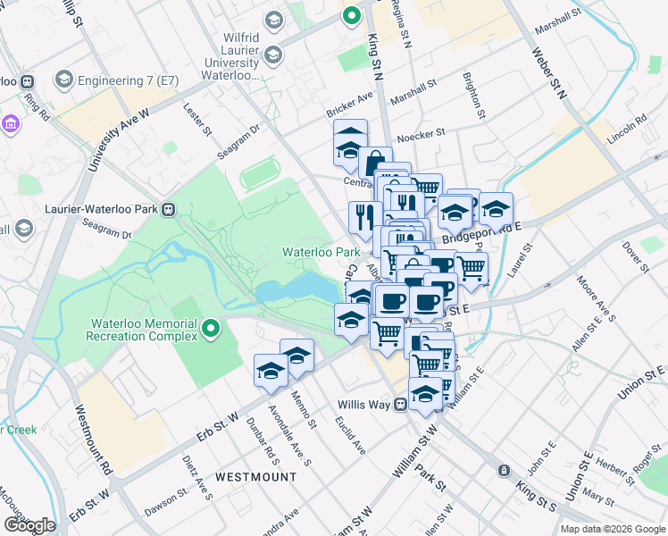 map of restaurants, bars, coffee shops, grocery stores, and more near 45 Caroline Street North in Waterloo