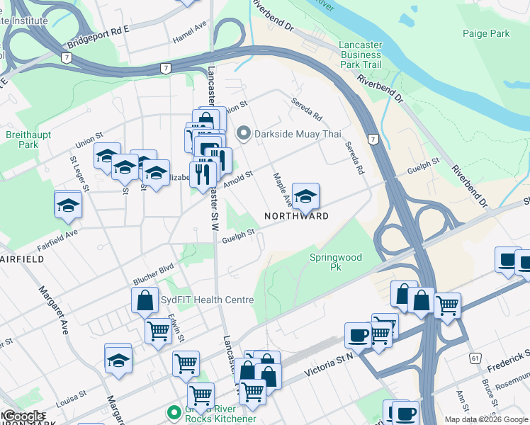 map of restaurants, bars, coffee shops, grocery stores, and more near 19 Birch Avenue in Kitchener